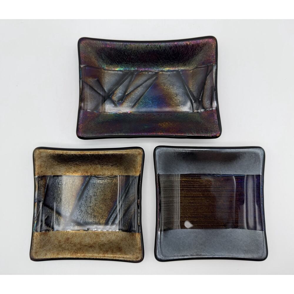 Kurt McVay Dichroic Iridescent Fused Glass Trinket Dish Plate Signed LOT OF 3